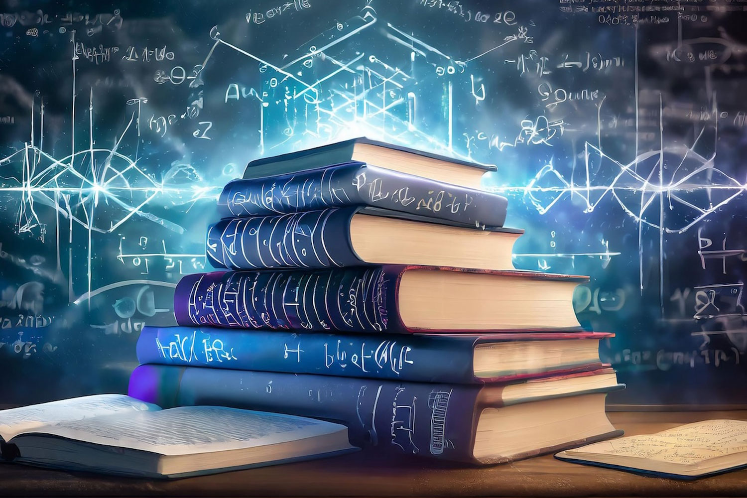 stack of books in front of abstract digital background